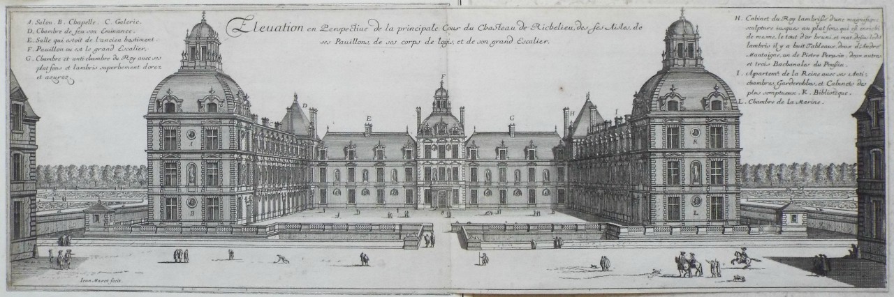 Print - Elevation en Perspective de la principale Cour de Chateau de Richelieu, des ses Aisles, de ses Pavillons, de ses corps de logis, et de son Escalier. - Marot